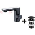 Lonheo - Mitigeur Lavabo Capteur Infrarouge Intelligent Automatique,Noir Laiton Eau+Bonde de Lavabo Bonde Pop-up avec Trop-plein Automatique