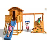 Fungoo - Aire de jeux MyHOUSE spider avec double plateforme, cabane, toboggan bleu & accessoires de jeux, balançoire 1 sège et trapèze - Kit sécurité