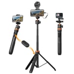 K&F Concept 62'' Phone Selfie Stick Tripod, Compact Camera Tripod with Phone Holder, Ball Head, Detachable Remote Control, Action Camera Adapter, Compatible with Phone/GoPro/Camera