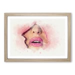 Big Box Art Pink Lips Breaking Through in Abstract Framed Wall Art Picture Print Ready to Hang, Oak A2 (62 x 45 cm)