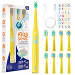 Seago Kids Electric Toothbrush Rechargeable, Children's Power Toothbrushes with Funny DIY Stickers, 2 Mins Smart Timer, 8 Replacement Brush Heads for Ages 3-12 Boys Girls SG2303 (Yellow)