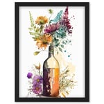 Spring Wildflower Bouquet in a Glass Wine Bottle Artwork Framed Wall Art Print A4