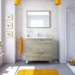Caesaroo - Meuble de salle de bain sur le sol 80 cm Chêne avec miroir et lavabo Chêne clair - 80 cm - Avec colonne et lampe led