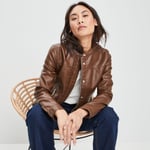 LH - blouson simili cuir ajusté à col rond marron foncé femme