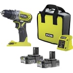 RYOBI Perceuse-visseuse à percussion 18V 2 vitesses 40Nm, Eclairage LED - Livrée avec 2 batteries 2 Ah, chargeur & sac - R18PD2-220S