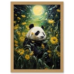 Artery8 Midsummer Night's Panda Dream Oil Painting Panda Bear in a Full Moon Sunflower Field Landscape Kids Bedroom Artwork Framed Wall Art Print A4