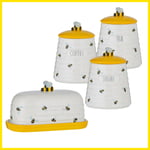 Butter Dish & Canister Set Ceramic Sweet Bee Airtight Lid Coffee Sugar Tea 4pcs