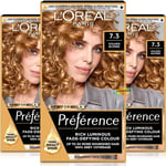 3x L'Oreal Preference 7.3 Golden Blonde Permanent Hair Colour Dye