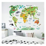 Ambiance Sticker Autocollant Muraux Décoration Adhésifs Carte du Monde Animaux Sticker Murale pour Bébé, Chambre d'enfant et Salon - H90 x L60 cm