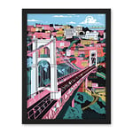 Artery8 Clifton Suspension Bridge Pink and Teal Cityscape Artwork Framed Wall Art Print 18X24 Inch