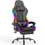 Devoko LED Chaise Gaming avec Massage en Cuir PU, Chaise Gamer Ergonomique avec Repose-Pieds et Dossier Réglable 90-135°, Charge Maximale 180 kg, Fauteuil Gamer (Cuir, Gris)