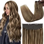 Fshine Highlights Invisible Wire Extensions de Cheveux Humains 16 Pouces 80g One Piece Trame Cheveux Avec Cordes Marron Foncé Mélange Honey Blonde Fish Line Real Hair Extensions pour Femmes