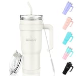 MOMSIV 40oz Tumbler with Handle and Straw, Large Capacity 1100ml Stainless Steel Leakproof Coffee Cup, Insulated Vacuum Travel Mug Water Bottle for Hot and Cold Iced Drink, Beige