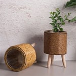 JardinièRes à Fleurs TisséEs en Rotin Imitation Vintage, Panier de Rangement Fait la Main avec Pieds Bois, Support pour Pot Fleurs, E