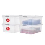 Iris Ohyama, Boite Rangement Plastique avec Couvercle, 30L, Lot de 4, Argent, Clips de Fermeture, Poignée,Empilable, Organisation Solide & Durable, pour Chambre, Dressing, Bureau,NTB-30