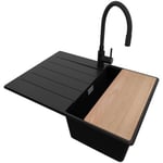 Evier Cuisine en Granit Noir 70x50cm, 1 bac + Kit de Vidage + Robinet + Accessoires, Évier au meuble 40cm - Top de Primagran