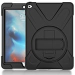 KUSEZJK Coque pour iPad Air 2 & iPad 6, Antichoc Armure Robuste Étui avec Support Rotatif à 360 Degrés et Dragonne, TPU + PC Housse pour iPad Air 2 & iPad 6 (Noir)