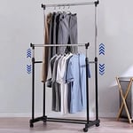 Vivo Technologies Double Adjustable Tidy Rack Mobile Garment Rack Clothes Clothing Rail Stand on Castor Wheels with Hanging Rail and Storage Shelf