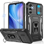 Jshru for Samsung a14 Phone Case with Slide Camera Cover,Military Grade Shockproof Samsung a14 Case with Ring Stand, Anti-Scratch Armour Phone Cover for Samsung Galaxy A14,Black