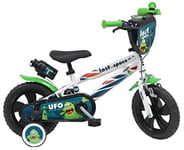 Vélo ATLAS 12'' garçon Vélo UFO équipé de 1 Frein, Plaque Avant décorative, Porte bidon arrière, Garde boues, Carter et stabilisateurs, Blanc