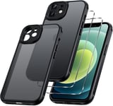 3 En 1 Coque Mat Pour Iphone 12 6,1 Pouces, Avec 2 Verre Trempé Protection Écran, Etui Translucide Givrée Arrière Housse Antichoc Case, Cover Anti-Empreintes Digitales, Noir