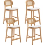 Tabouret de Bar Lot de 4 Chaise de Bar en Bois avec Coussin Chaise Bar Rotin pour Cuisine et Restaurant, Blanc