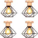 4 Pack Rétro Plafonnier Vintage Cage en Métal et Bois E27 Lustre Lampe Plafond pour Couloir Escalier Chambre Noir