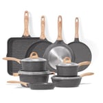 JEETEE Set de Casseroles et Poêles Antiadhésif 23 Pièces Cuisine Saine Set de Cuisson à Induction Poêle, Mijoteuse, Poêle à Frire et Poêle à Crêpes en Granit, Sans PFOS, Gris