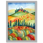 Landscape Of Tuscany House On The Hill Folk Art Artwork Framed Wall Art Print A4