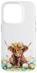 iPhone 14 Pro Highland Cow Spring Cute Easter Pattern Eggs Floral Flowers Case