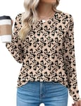 Rapbin Women's Casual Crew Neck T-Shirts Loose Long Sleeve Pleated Summer Tops Tunic Blouses,Apricot & Black Floral,L