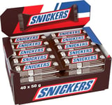 SNICKERS, Barres chocolat au lait fourrées cacahuète et caramel, Boite de 40 barres individuelles de 50g