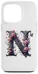 Coque pour iPhone 13 Pro Letter N Initial Floral Monogram Rose Pink Flower Butterfly