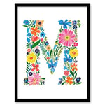 Artery8 Letter M in Bright Colourful Flowers Spring Garden Floral Word Art For Her Birthday Mum Wife Woman Friend Artwork Framed Wall Art Print 18X24 Inch