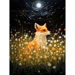 Artery8 Watching the Fireflies Dance Happy Fox over a Wildflower Meadow Oil Painting Orange White Blue Full Moon Spring Night Dreamy Landscape Large Wall Art Poster Print Thick Paper 18X24 Inch