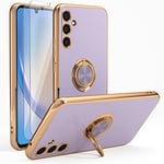 YIRSUR Case Compatible with Samsung Galaxy A34 5G with 2 Pack Screen Protector, with Ring Holder Plating Rose Gold Edge 360° Kickstand Cover Slim Soft Flexible TPU Protective for Galaxy A34 5G-Purple