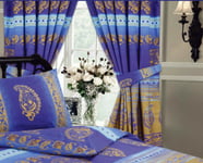 KASHMIR GOLD BLUE FLORAL 66" X 72" PENCIL PLEAT CURTAINS MIDDLE EASTERN ETHNIC