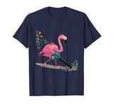 Funny Pink Flamingo Blowing Fall Leaves with Leaf Blower T-Shirt