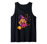 Pixelated Little Purple Witch on a Broomstick for Kids Tank Top