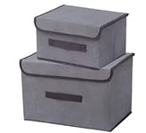 Lot de 2 boîtes de rangement pliables en tissu avec couvercle (2 tailles), paniers de rangement pliables gris avec poignées pour jouets, livres, chambre, armoire, bureau, salon