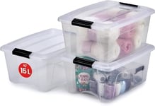 Iris Ohyama, Boite Rangement Plastique avec Couvercle, 15L, Lot de 3, Transparent, Clips de Fermeture, Poignée, Empilable, Organisation Solide & Durable, pour Chambre, Dressing, Bureau, NTB-15