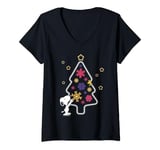 Womens Peanuts Christmas Snoopy Woodstock Xmas Tree Glow V-Neck T-Shirt