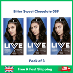 3 x Schwarzkopf Live Permanent Hair Dye Bitter Sweet Chocolate 089 - For Women