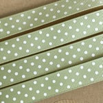 16mm Sage Pale Green Grosgrain Ribbon Cream Polka Dot Spot 1m - 25m Roll