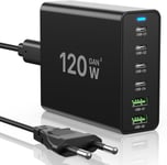 Chargeur USB C 120W GaN, Chargeur USB Multiple Chargeur PD,Station de Charge à 6 Ports Compatible avec iPhone/Samsung/Google/Xiaomi/Ordinateur Portable/Tablette et Autres appareils USB