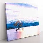 Lone Tree in New Zealand Painting Modern Canvas Wall Art Print Ready to Hang, Framed Picture for Living Room Bedroom Home Office Décor, 50x50 cm (20x20 Inch)