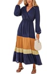 CUPSHE Robe longue bohème à manches longues et col en V pour femme - Taille élastique à volants - Bleu marine, bleu marine, Taille S