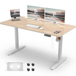 Homall Bureau Assis Debout 140 x 60 cm, Bureaux Électrique Table Réglable en Hauteur avec Chargeur USB, Rappel de sédentarité, 3 Positions Mémorisables, Boîte de Câbles, et roulettes, Beige