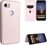 Compatible Avec Coque Google Pixel 3a Xl, Mince Flip Fibre De Carbone [Test De Chute] Antichoc Stand Fente Avec Carte, Protecteur D'écran En Verre Trempé*2-Or Rose