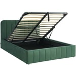 Lit coffre 140x190 cm en velours vert avec tête de lit + sommier relevable à lattes - Ava